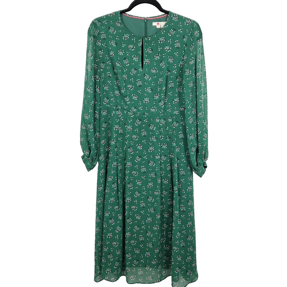 Boden Floral Emerald Green Floral Flowy Long Sleeve Dress Size 8P UK 12P